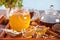 Honey in jar and honeycomb in small bowls. Teapot and cup of tea on the background.