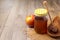 Honey jar over wooden background. Jewish Rosh hashana (new year) holidays