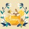 The honey jar and white flower and spoon and cute bee on the yellow background. The character of cute bee flying and sitting on