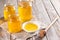 Honey jar on a wooden table. Concept of natural, countryside, organic, healthy product. Copy space