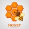 Honey label premium quality title. Paper cut style bee with honeycombs and Bee. Template design for beekeeping and honey product.
