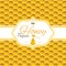 Honey label template for honey logo products with bee and drop of honey on Honeycomb colorfull pattern background