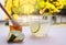 Honey Lemon juice - Morning detoxify drink in a blurred background
