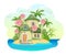 Honey life. Sweet caramel fairy house on tropical island. Illustration in cartoon style flat design. Summer cute