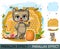 Honey. Little cat in cartoon style on background of honeycombs, flowers, Young cheerful kitty beekeeper. Image from