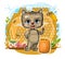Honey. Little Kitten in cartoon style on the background of honeycombs, flowers, bees and barrels. Young cheerful cat
