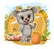 Honey. Little Mouse in cartoon style on the background of honeycombs, flowers, bees and barrels. Young cheerful animal