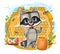 Honey. Little Raccoon in cartoon style on the background of honeycombs, flowers, bees and barrels. Young cheerful animal