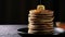 Honey or maple syrup is poured over a stack of pancakes with butter on dark background. Close-up high quality 4k footage