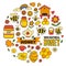 Honey market, bazaar, honey fair Doodle images of bees, flowers, jars, honeycomb, beehive, spot, the keg with lettering
