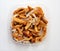 Honey mushrooms marinated with onions in a plastic container. Lunch in a disposable dish.