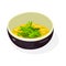 Honey mustard sauce, paste with greenery is in ceramic black bowl. Yellow spicy and sweet korean food.