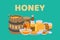 Honey natural products cartoon vector illustration. Wooden barrel and jars of different sorts of honey and honeycomb