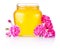 Honey in open glass jar and flowers isolated on white background