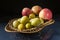 Honey plums with apples in a basket on the table with a reflection