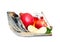 Honey, pomegranate, apples and shofar on white background. Rosh Hashana holiday