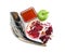 Honey, pomegranate, apples and shofar on white background, top view. Rosh Hashana holiday