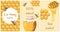 Honey poster set. Posters with bees, honeycombs, a jar of honey, a spoon, a barrel. The concept of ecological bio product