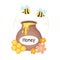 Honey pot with bees, flowers, and honeycomb. Isolated illustration for honey label, products, package design