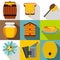 Honey production icons set, flat style