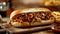 Honey pulled pork sub sandwich with caramelized onions in a roll. Traditional American cuisine