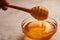 Honey reaches for a wooden ribbed honey stick from a glass plate