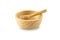 Honey scoop in empty wooden bowl isolated on white background with clipping path