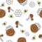 Honey seamless pattern. Beekeeping product. Included bee, honey, dipper, honeycomb.