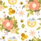 Honey seamless pattern with different objects in a cute cartoon style. Vector illustration. Pattern with bees, honey, honeycomb,