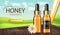 Honey serum bottle Vector realistic. Product placement mock up. Label design package. nature background. 3d