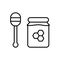 Honey set. Linear icon of spoon, jar with honeycomb. Black simple illustration of healthy sweets. Contour isolated vector