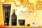 Honey skincare serum organic product ads with honeycombs with golden sample text. Intensive anti age skin care cosmetic