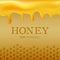 Honey template with yellow hexagonal realistic honeycomb seamless texture and flowing honey on yellow background