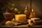 Honey-themed still life, showcasing a beautifully composed arrangement of honey related items, such as a jar of honey, a wooden