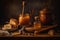 Honey-themed still life, showcasing a beautifully composed arrangement of honey related items, such as a jar of honey, a wooden