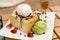 honey toasts with strawberry, vanilla and green tea ice-cream