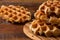 Honey Waffle Put On white Plate, honey waffle put on wooden table, delicious honey waffle