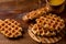 Honey Waffle Put On white Plate, honey waffle put on wooden table, delicious honey waffle