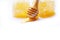 Honey on white background with wooden dipper and honeycomb yellow sweet nature