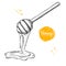 Honey wooden spoon with drop. Hand drawn vector illustration. Engraved style object.
