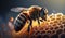Honeybee on honey comb closeup shot, generative AI