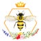Honeybee queen with honeycomb and wildflowers, Watercolor illustration
