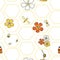 In the Honeycomb Bees and flowers seamless pattern Vector on white honey comb background.