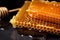Honeycomb with honey closeup. Beekeeping concept. Generative AI
