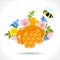Honeycomb with honey, flowers and bees