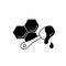 Honeycomb, spoon with flowing honey. Silhouette icon for packaging design. Black simple illustration of natural liquid sweet with
