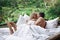 Honeymoon at Bali, Ubud. Successful couple relaxing at villa, beautiful view