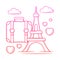 Honeymoon traveling illustration with hand drawn outline doodle style