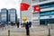 Hong Kong - August 9, 2018: Soldiers rising China and Hong Kong flags at the Golden Bauhinia Square