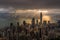 Hong Kong city skyline from Victoria peak, China with dramatic sky